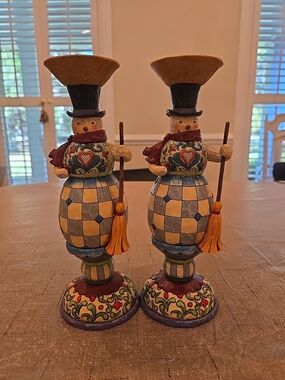 Jim Shore Pair of "Snowman Taper Candlestick Holders" Figurines.